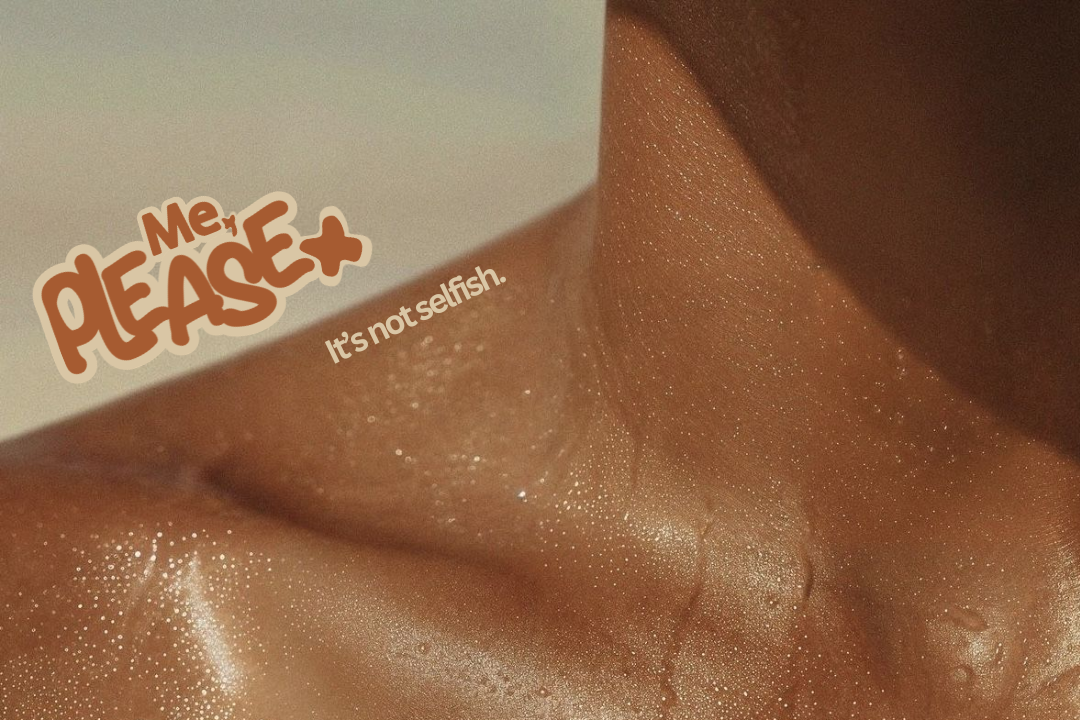Close-up of a person's chest with text overlay 'Me, PLEASE. It's not selfish.'